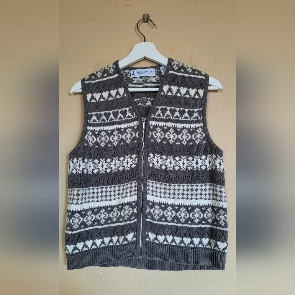 Vtg Marsh Landing Sweater Vest Knit Zip Up V Neck Pattern